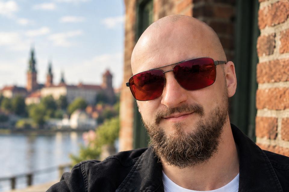 Robert Wiśniewski nad Wisłą w Krakowie, w tle Wawel